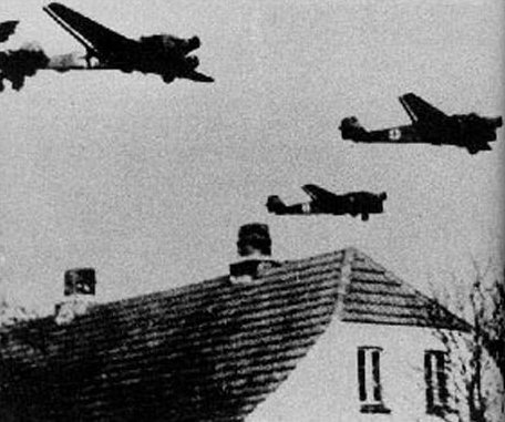German Junkers Ju 52 transport aircraft over Denmark, 9 Apr 1940 (public domain via Wikipedia)