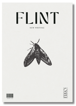 Front cover of Flint Magazine Volume 1 from Erro Press, featuring the title 'Flint' and a black illustration of a moth on a white background