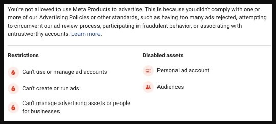 why is my advertising access restricted on facebook: You can also check your account dashboard to see the same thing written differently: