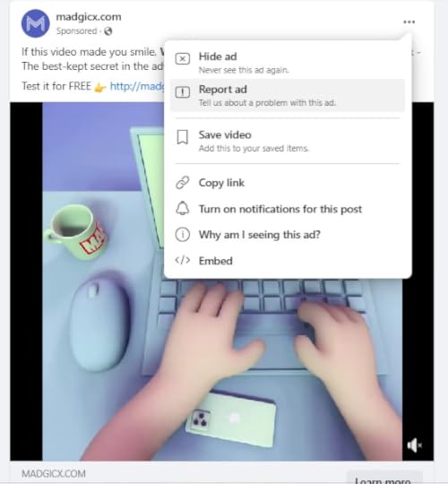 When looking at an ad on Facebook, click the three dots on the top right corner of the ad. Then, you will see some choices: