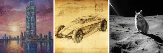 [A modern Dubai skyscraper painted by Monet.] [An engineering sketch of a modern car drawn by Leonardo DaVinci] [Nasa style photo of squirrel on the surface of the moon]