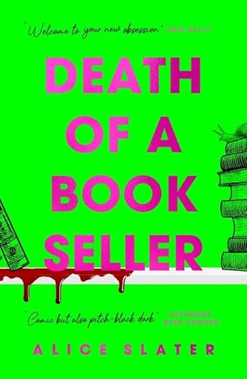 Green cover with purple writing. The bottom of the title drips with blood. On the right side is an illustrated stack of books.