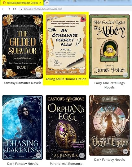 grid of top ARC Novels on Book Sirens with 'An Otherwise Perfect Plan' highlighted as the Top Young Adult Humor Novel