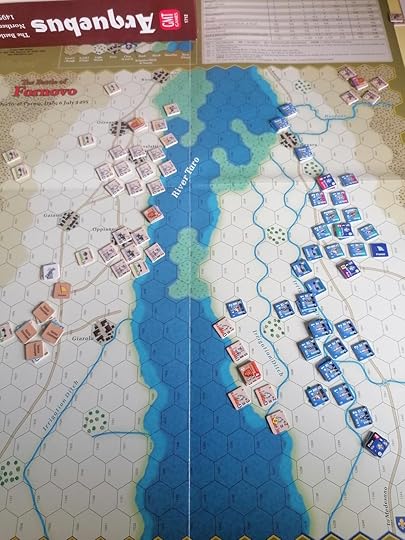 Close up photo of the game in progress, one group of Venetian units has crossed the river to the French side.