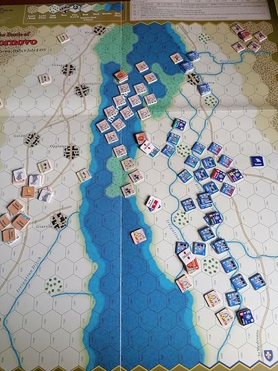 A later photo of Fornovo in play. Many Venetian pieces are in the river in the middle of the map now.
