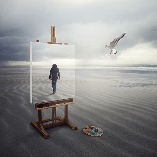 A canva painting on an easel showing a cowboy walking away from the painting on a beach. The easel is standing on the same beach, so the painting looks like a mirror. There is a white dove in flight approaching the painting, and a colour painting palette on the ground. Created by Sarolta Ban.
