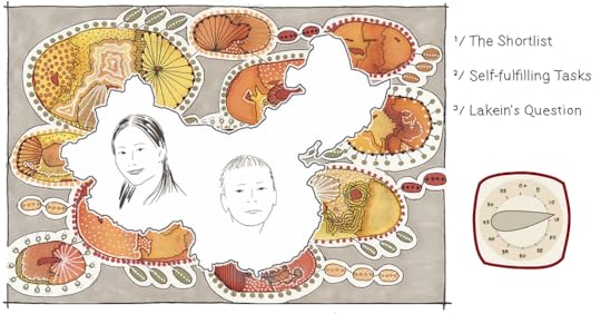 Black and white illustration of two young people with the outline of China and some abstract cells (in brown and yellow tones) behind them.