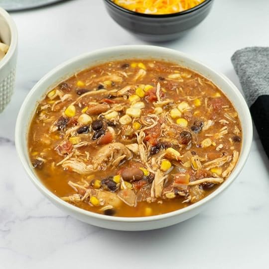 Crock Pot Chicken Taco Soup in a grey soup bowl.