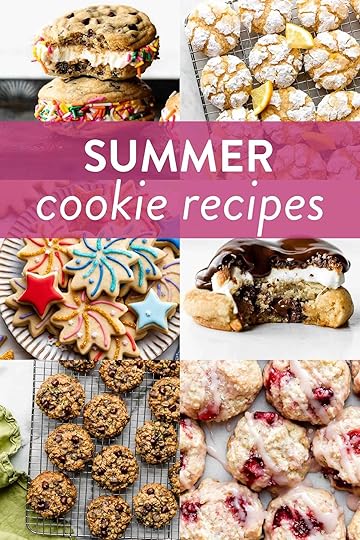 collage of summer cookie recipes pictures including lemon crinkles, fireworks-decorated cookies, ice cream cookie sandwiches, and strawberry cookies.