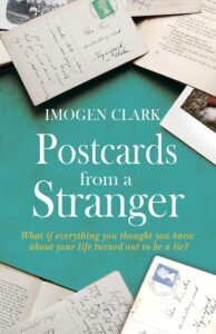 Image shows a teal bookcover with postcards on it