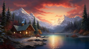 An AI generated image of a log cabin at the edge of a forest, by a lake. The sun is setting and snow covers the ground. In the background are mountains.