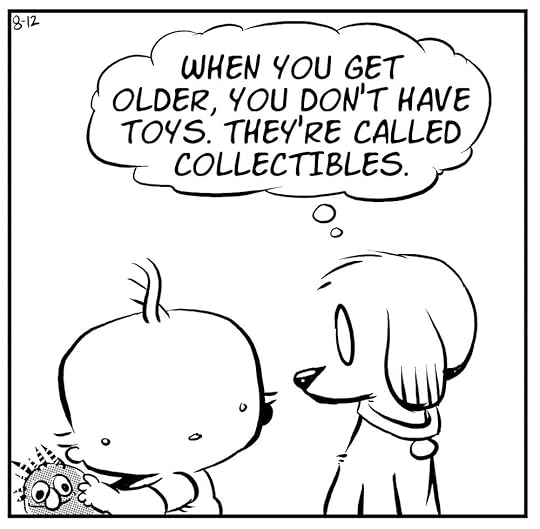 In this heartwarming comic strip, a lovable puppy is depicted with a joyful expression on its face. The puppy is surrounded by an assortment of colorful superhero figurines, showcasing its passion for collecting these iconic pop culture treasures.