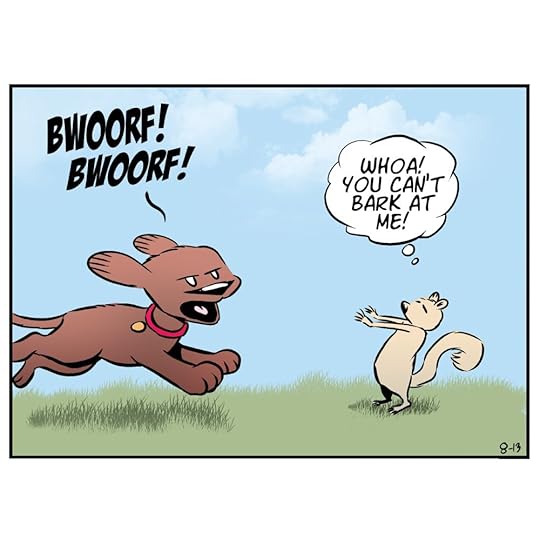 Sophie, the chocolate lab, excitedly bounds towards a mischievous squirrel with a wide grin on her face. The squirrel, sensing trouble, tries to make a quick escape.