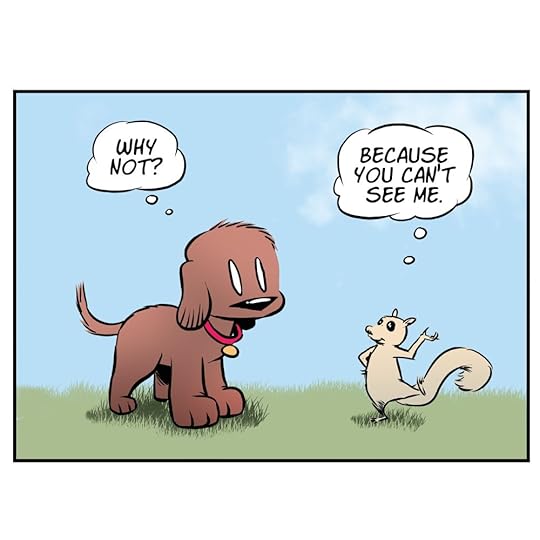 Sophie, tail wagging furiously, lunges playfully at the squirrel, but the agile critter manages to leap onto a nearby tree branch, out of reach.