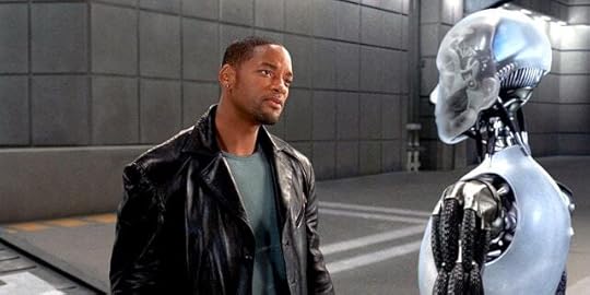 Will Smith in a black leather jacket as Del Spooner in