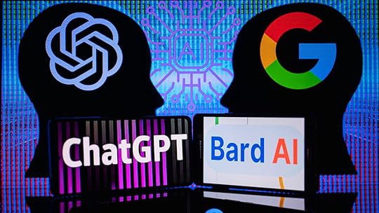 An illustration of ChatGPT and Google Bard logos