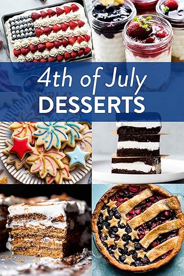 collage of 4th of July dessert recipes including American flag pie and cake, no bake cheesecake jars, fireworks cookies, ice cream sandwiches, and s'mores cake.