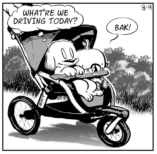Dog eat Doug comic strip for kids and parents. Features the chocolate labrador and baby Doug imagining their baby stroller is a fast car.