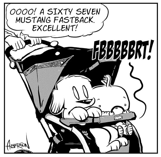 Dog eat Doug comic strip, Sophie and Doug imagine their baby stroller is a 1967 Mustang Fastback. Doug makes a farting noise.