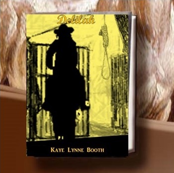 Book Cover: Delialh, Kaye Lynne BoothSilhoette of cowgirl on horseback, riding away from faded prison bars, with a noose hanging down on the right. Yellow background. Gray/white background.
