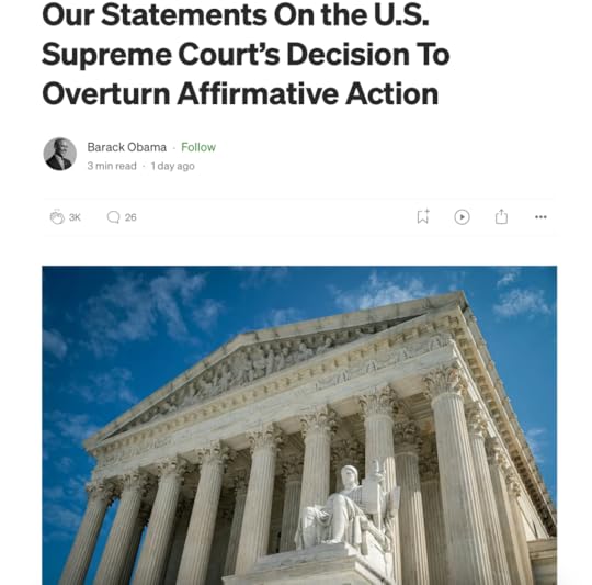 Screenshot of the Medium page showing President;s Obama's essay on Affirmative Action, which shows a photo of the building of the Supreme Court.