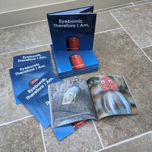 Picture of books about eyebombing displayed artfully