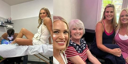 Carrie Underwood wears white overalls while getting a tattoo on her foot with her family