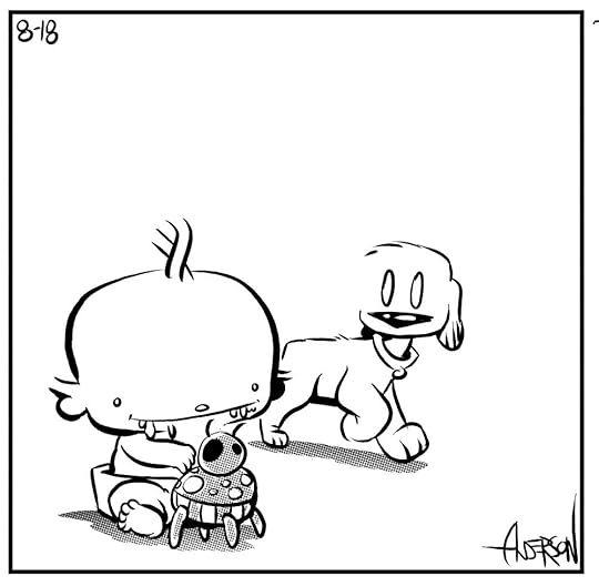 Sophie, the curious chocolate Labrador, gazes intently at Doug's face, contemplating whether the substance is drool or yogurt.