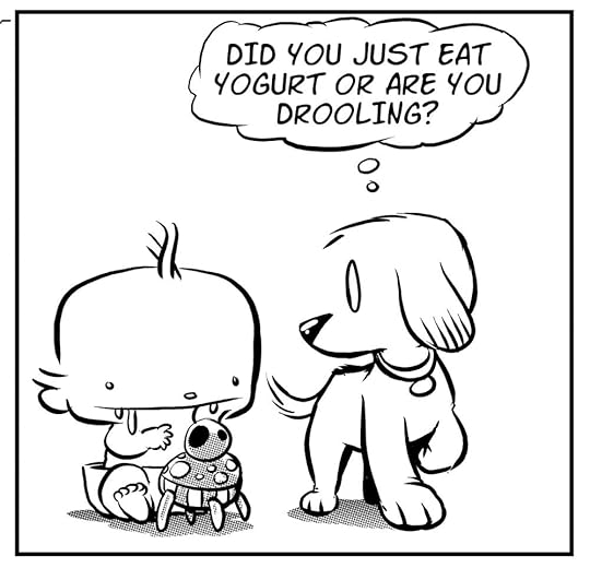 With a puzzled expression, Sophie sniffs at the substance on Doug's face, trying to discern its true nature, her curiosity piqued.