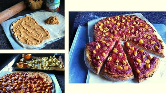 stages of making pizza: spread hummus on dough, add tomato sauce and toppings, baked pizza