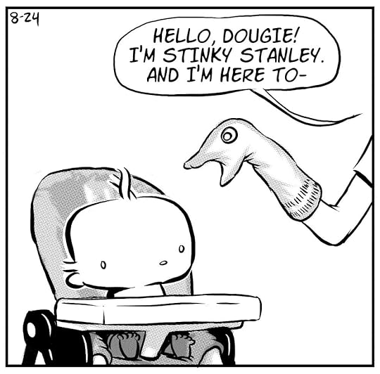 Mom uses a sock puppet to entice baby Doug to eat his food.