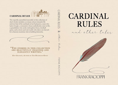 Book cover with feather and script on the front