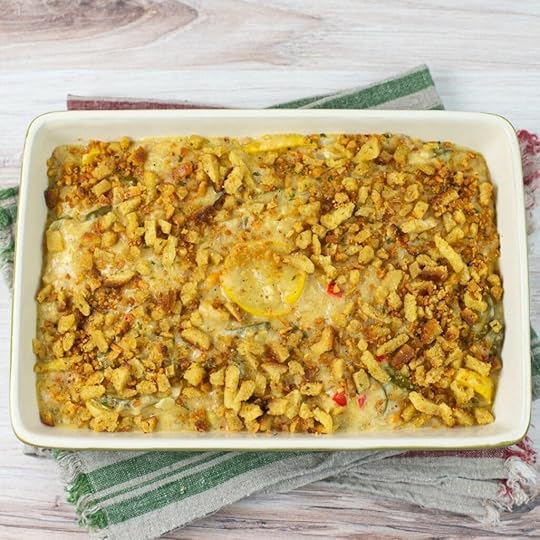 Crock Pot Summer Squash Casserole in a casserole serving dish.