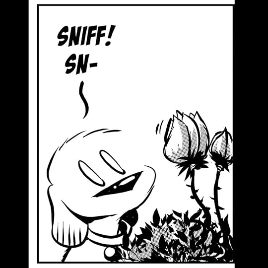 In the first panel of this Dog eat Doug comic strip, Sophie, the chocolate labrador, sniffing flowers. One of the flowers twitches.