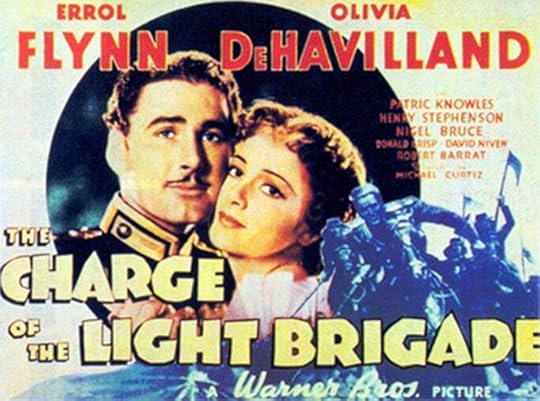 tinted movie theater lobby card for movie The Charge of the Light Brigade featuring Errol Flynn and Olivia de Havilland cheek to cheek