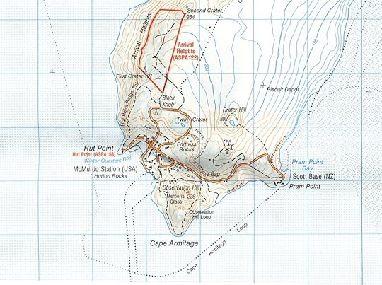 A detail of a topographical map of the end of the Hut Point peninsula, showing the relative positions of McMurdo and Scott Base.