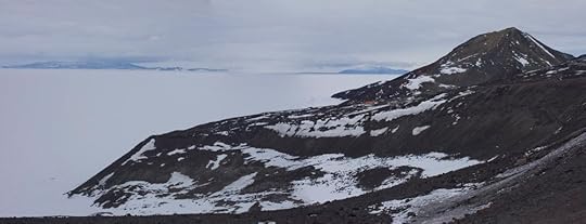 A view across the sea ice from the road to Scott Base, showing the south face of Ob Hill across McMurdo Sound to Black Island.