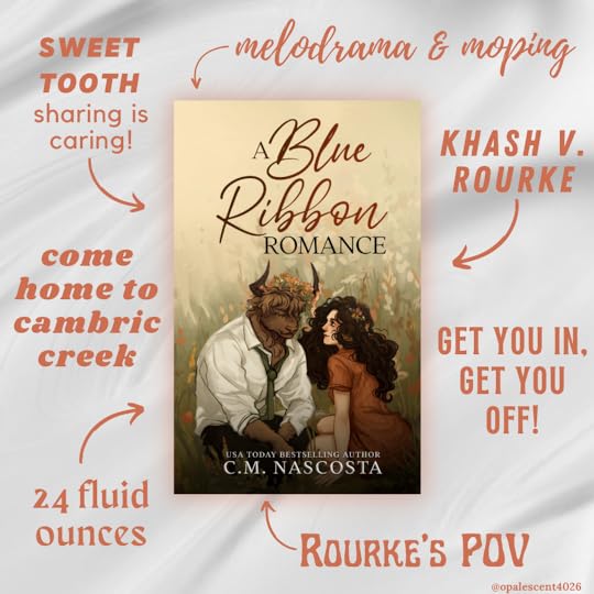 Clockwise, text in peachy orange color reads: melodrama & moping; Khash v. Rourke; get you in, get you off!; Rourke’s POV; 24 fluid ounces; come home to Cambric Creek; sweet tooth, sharing is caring!. Cover of A Blue Ribbon Romance by USA Today Bestselling Author C.M. Nascosta in center of page. Background is white cream. Graphic made by @/opalescent4026