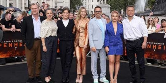 Christopher Nolan, Emma Thomas, Cillian Murphy, Emily Blunt, Robert Downey Jr., Florence Pugh and Matt Damon pose for a photo at the London premiere of their movie