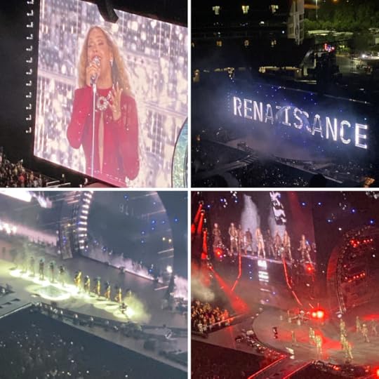 collage of photos of Beyonce performing on stage