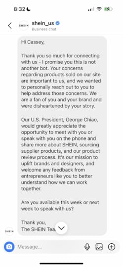 DM from shein to cassey ho ceo of popflex about stealing designs january 2023