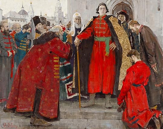 The Beginning of Autocracy, painted by Ilya Zorkin. Notice that Peter the Great, upon his accession as the sole Tsar, was still wearing Muscovite traditional clothing which he eventually discarded for the more “modern” attire based on the European model.