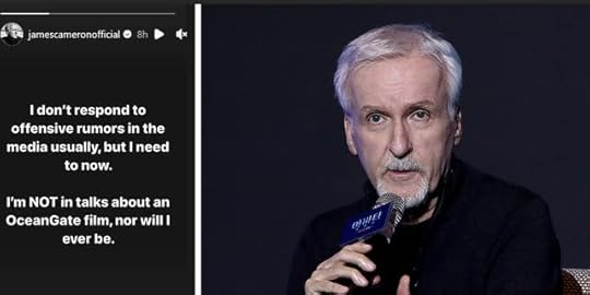 A split of James Cameron's Instagram story and him speaking