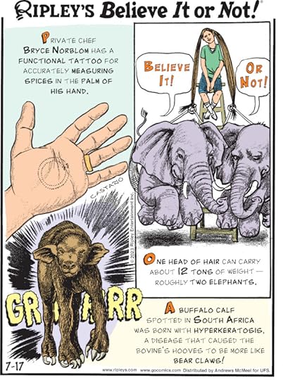 1. Private chef Bryce Norblom has a functional tattoo for accurately measuring spices in the palm of his hand. 2. One head of hair can carry about 12 tons of weight - roughly two elephants. 3. A buffalo calf spotted in South Africa was born with hyperkeratosis, a disease that caused the bovine's hooves to be more like bear claws!