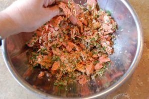 Add fish and mix for salmon cakes