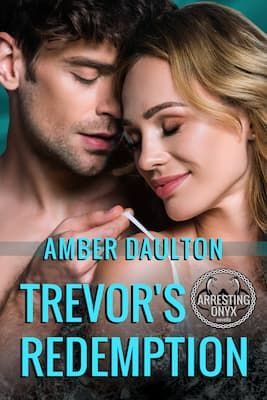 Book cover: A brown-haired Caucasian man and blonde Caucasian woman embrace lovingly. Trevor's Redemption by Amber Daulton