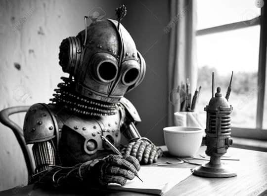Robot AI writing at desk by window