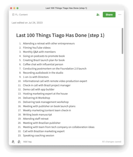 A screenshot of Tiago's Last 100 Things note in Evernote