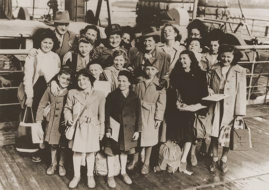 Ruth Gruber, center, with Jewish refugees from Europe, in New York City port, on 3 August 1944
