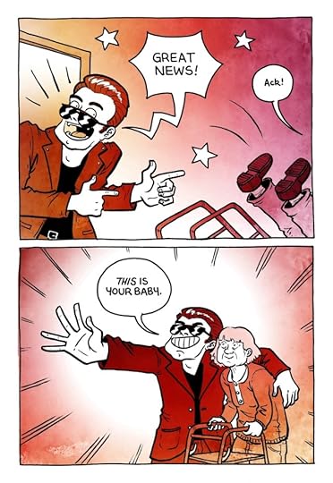 The executive returns, bowling over the writer by yelling "Great news! This is your baby!"